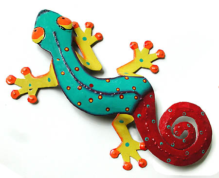 Hand painted metal gecko wall hanging - Tropical Decor - Garden and patio wall art - Handcrafted in Haiti from recycled steel drums