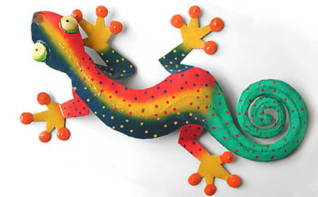 Painted Metal Gecko with Turquoise Tail - Outdoor Garden Tropical Design - 8" x 13"