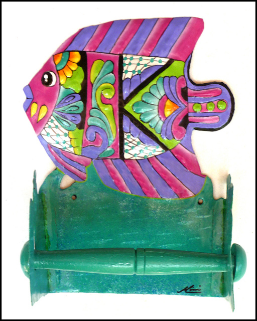 Tropical Fish Toilet Tissue Holder - Painted Metal Bathroom Decor - Toilet Tissue Holder - 7" x 9"