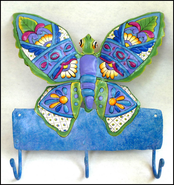 Blue Butterfly Wall Hook, Painted Metal Hook, Tropical Decor - 10" x 11"