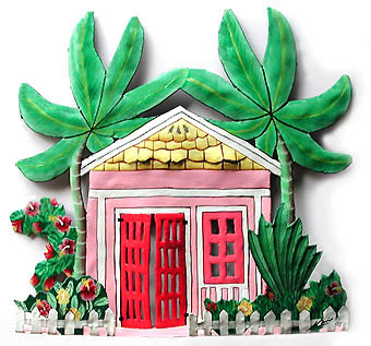 Pink Cottage Wall Hanging - Hand Painted Haitian Metal Art - Caribbean decor