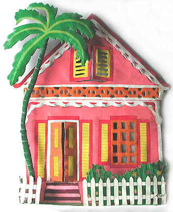 Gingerbread House Tropical Wall Decor - Caribbean Tropical Home Design - 12" x 14"
