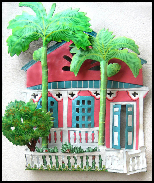 Tropical Wall Decor, Caribbean Gingerbread House Wall Art, Hand Painted Metal, K-1001-PK