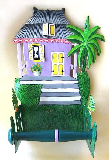 Hand painted metal Caribbean house toilet paper holder. Tropical bathroom accessory. 