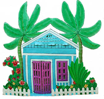 Tropical design - Blue & Purple Cottage Wall Hanging - Hand Painted Caribbean Steel Drum Art - 11
