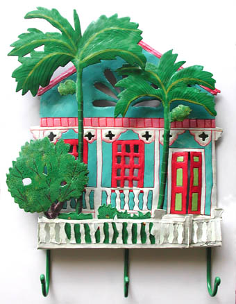 Tropical House & Palm Trees Hook - Hand Painted Metal Haitian Steel Drum Art - 13" x 17"