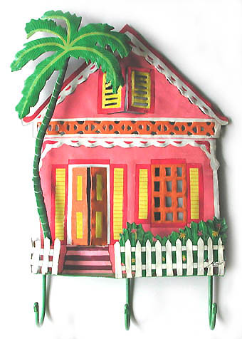 Hand painted metal Caribbean house wall hanging. Handcut from recycled steel drums in Haiti.