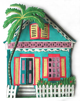 Caribbean House Wall Hanging - Hand Painted Haitian Metal Art - Tropical Design - 12" x 14"