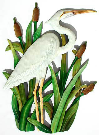 Hand Painted Metal Egret Wall Decor - Hand painted tropical home decor - Hand cut from recycled steel drums in Haiti - Caribbean decor