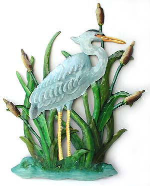 Handpainted Metal Blue Heron Wall Decor - Hand painted tropical home decor - Hand cut from recycled steel drums in Haiti - Caribbean decor