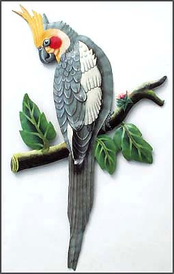 Painted metal cockatoo parrot wall hanging -   tropical design - Haitian steel drum metal art