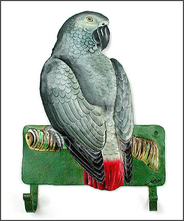 Painted Metal parrot wall hook. Haitian steel drum metal art.