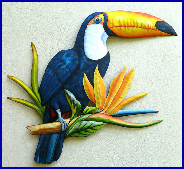 painted metal toucn parrot wall hanging