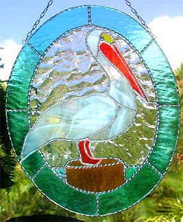 Pelican Sun Catcher - Tropical Stained Glass Design - Glass Suncatcher - 10" x 12"