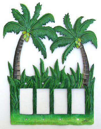 Switchplate Cover -Hand Painted Metal Coconut Tree Rocker Style 4 Holes 