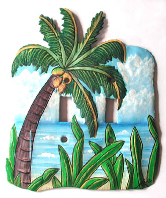 Tropical Coconut Tree Toggle Painted Metal Switchplate - Decorative tropical home design - Handcut from recycled steel drums in Haiti - Caribbean Decor