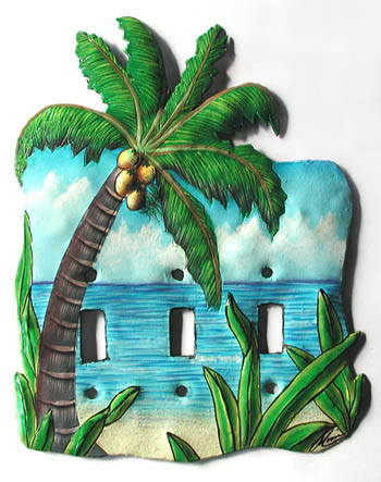 Painted Metal Coconut Tree Light Switch Cover -- Decorative tropical home design - Handcut from recycled steel drums in Haiti - Caribbean Decor