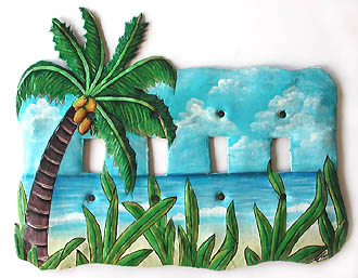 Hand Painted Coconut Palm Tree Metal Switch Plate - Decorative tropical home design - Handcut from recycled steel drums in Haiti - Caribbean Decor