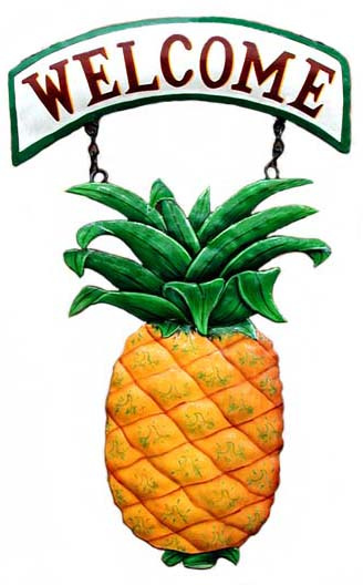 Pineapple Welcome Sign - Hand Painted Metal Tropical Decor