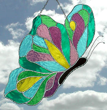 Aqua & Mauve Stained Glass Butterfly Design  handcrafted - hand made stained glass butterfly sun catcher
