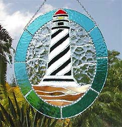 Black & White Lighthouse Stained Glass Nautical Design - Handcrafted stained glass lighthouse sun catcher