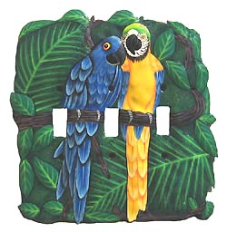 Blue & Gold Parrots Toggle Switchplate - 3 Holes -Hand Painted Metal Switch Plate Cover