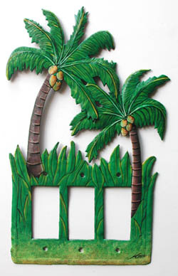 Hand Painted Coconut Tree Rocker Switchplate- Decorative tropical home design - Handcut from recycled steel drums in Haiti - Caribbean Decor