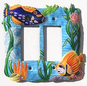 Painted Metal Tropical Fish Double Rocker Switchplate - Light Switch Cover