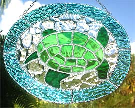 Stained Glass Green Turtle Suncatcher - Nautical Design - 8 1/2" x 10 1/2"