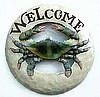Hand Painted Metal Round Blue Crab Welcome Sign, Beach Decor, Nautical Decor - 14"
